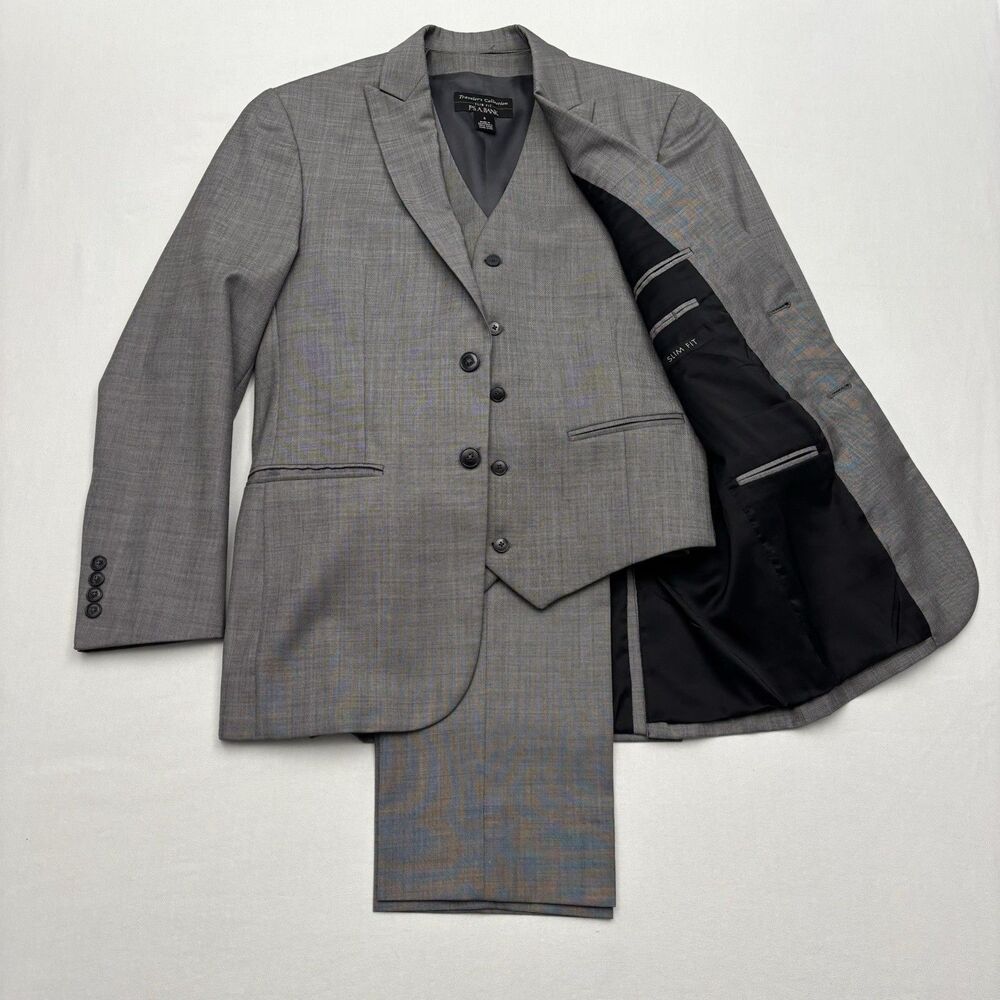 Jos A Bank Gray Wool 3 Piece Suit 38R Slim Fit Travelers Collection Pants 32x30